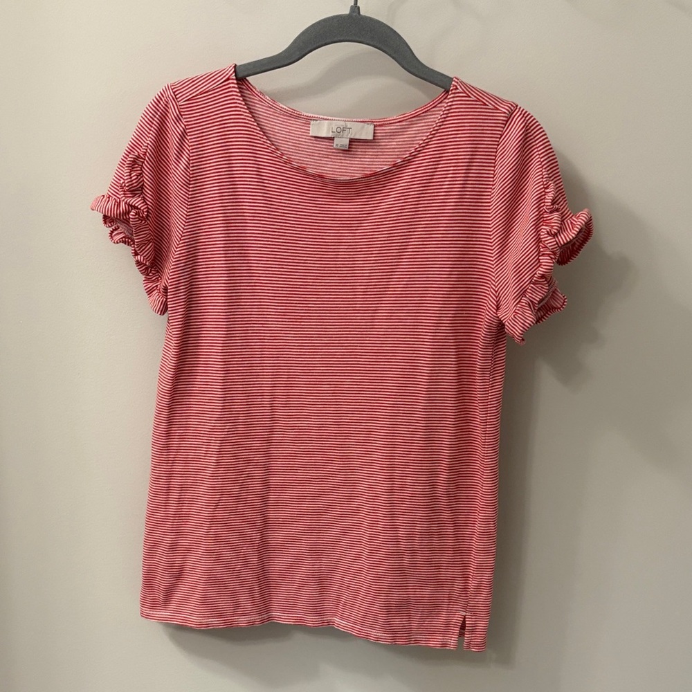 LOFT Red and White Striped Ruffle Sleeve Tee